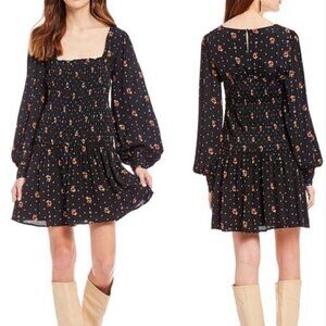 New Free People Two Faces Milkmaid Mini Dress Floral Smocked Puff Sleeve Black